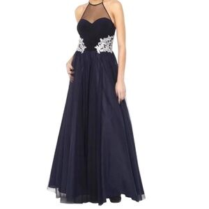 Navy Blue Sleeveless Appliqué Halter Ball Gown Prom Dress with Silver Accent